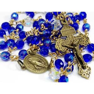 Handmade Blue Czech Crystal Rosary Pardon Crucifix Italy 31" Heirloom